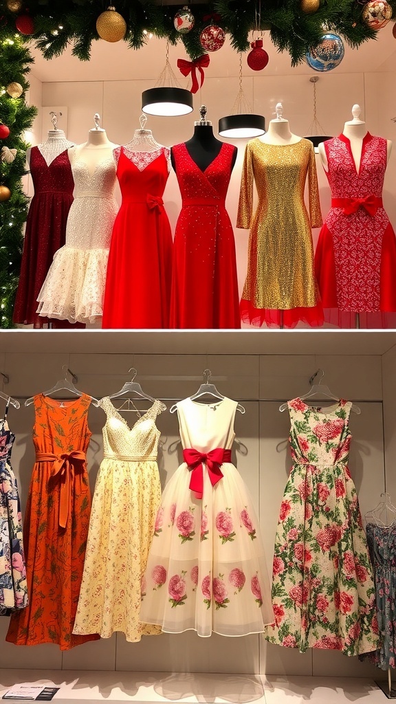 A collection of trendy Christmas dresses in red, gold, and floral patterns displayed with holiday decorations.
